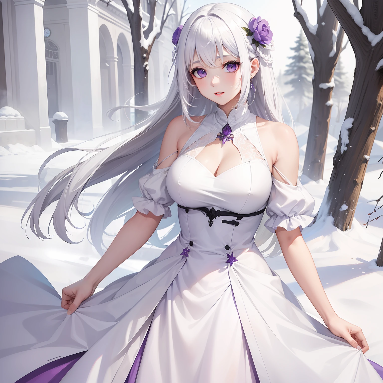 a women, white hair, purple eyes, white dress