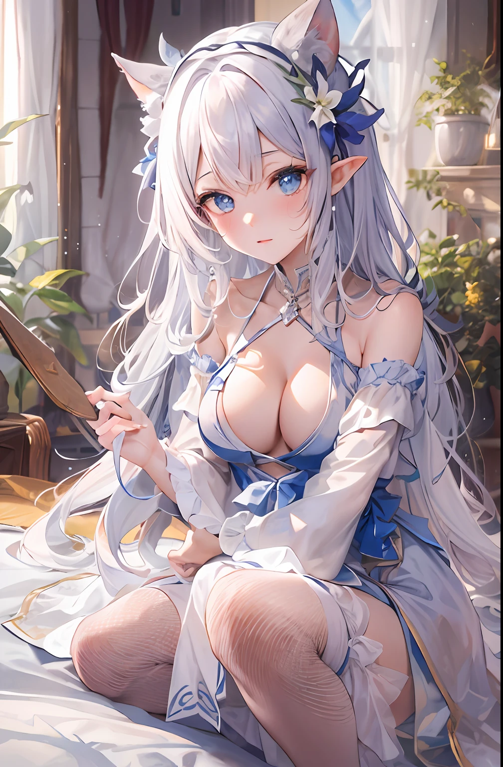 tmasterpiece,Top image quality,extreme hight detail,1girll,Solo,Detailed face,Lazy wind,White hair,Dull hair,Beast-eared maiden,wide blue eyes,robe blanche,is shy,the face is reddish,exquisite clothing,delicate tiara,llight rays,On-bed,white stockings,Lori huge breasts cleavage,adolable,Shy,Dolce,Beautiful,goodlooking