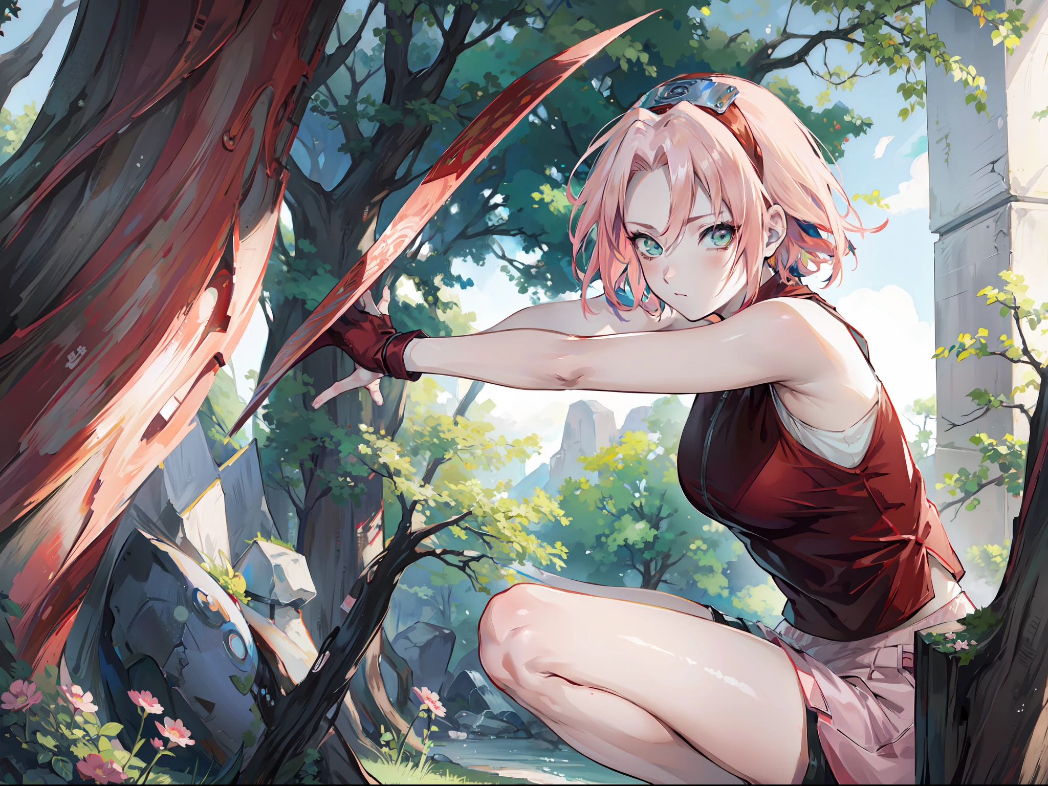 Sakura haruno, ((4k, masterpiece, high quality, detail)), short hair, Sleeveless red shirt, thigh black shorts, showing her armpits, squatting, showing her , forest, ((nice)), anime Naruto shipudden