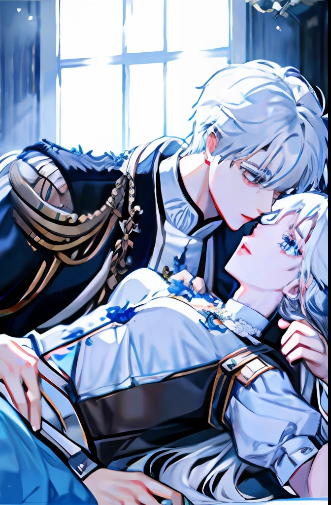 White haired woman lying in the arms of a black haired man, light blue eyes, royalty, nobility, princess, prince, bad boy, high quality, highly detailed, detailed face