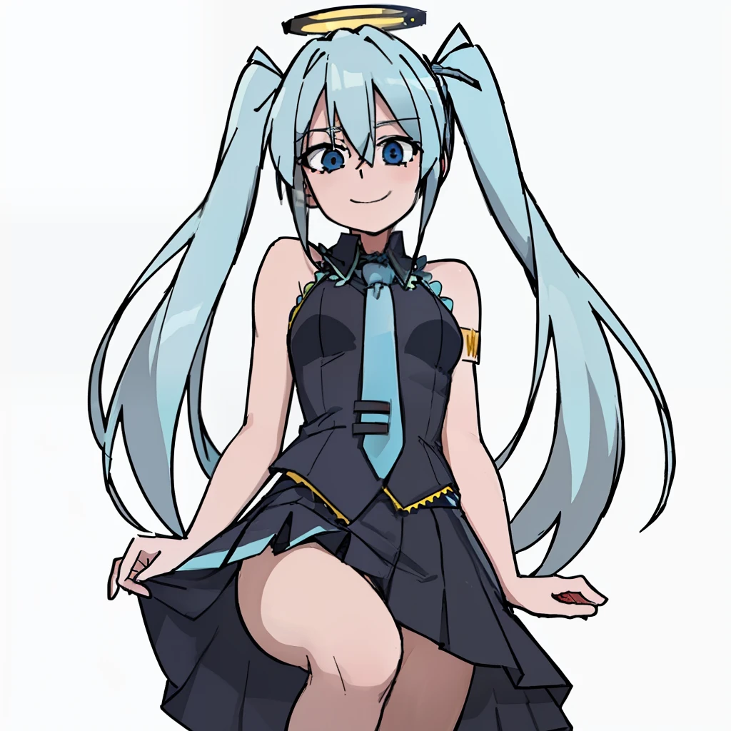 nsfw, 2d, masterpiece, best quality, highly detailed eyes, highly detailed face, cowboy shot, feet out of frame, 1 girl, solo, standing, simple background, helltaker, hatsune miku \(vocaloid\), hatsune miku \(vocaloid\, white sleeveless shirt, bare shoulder, red 01 on the shoulder, number on the shoulder, 01 on the shoulder, light blue tie, short black skirt with blue trim, halo, light blue hair, long hair , 2 pigtails, headband, headband, light blue eyes, light blue eyes, looking happy, looking flushed, looking at viewer, looking nervous, smile, mouth open, hand on face, head on