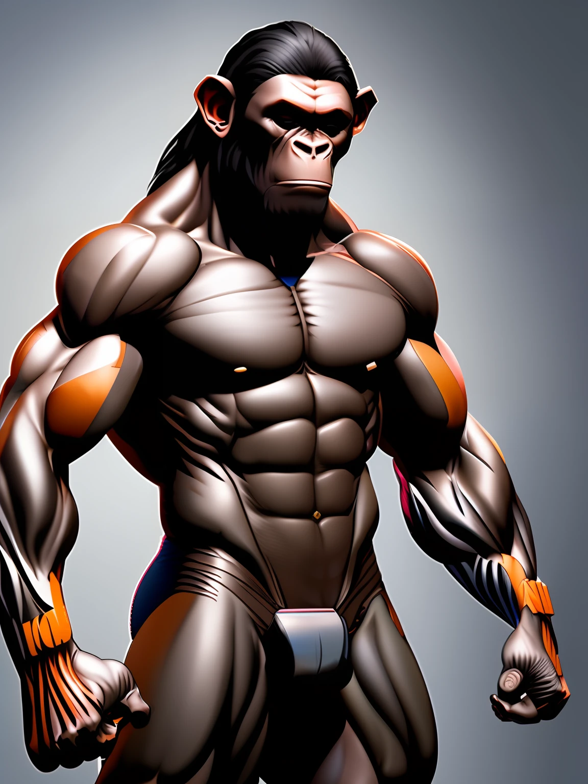 Create an image with high quality and resolution 9:16 that presents a mutant figure with the head of an ape and the muscular body of a man. The figure should have strong arms, with defined biceps and triceps, pernas poderosas, coxas robustas, peitoral e costas musculosos, and broad shoulders. A imagem deve retratar a figura em uma paisagem de academia ao ar livre, with weight training equipment in the background. Convey the feeling of strength, vigor and a healthy lifestyle.