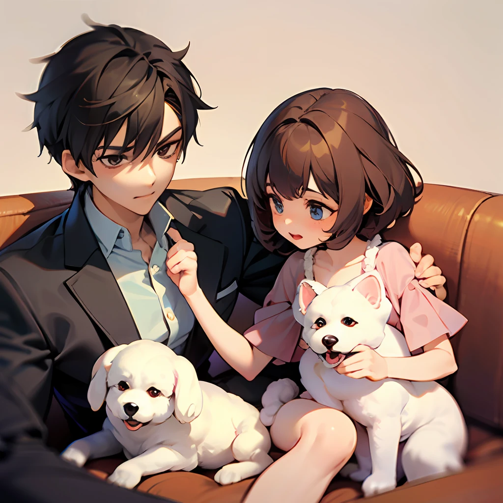 A handsome boy, a beautiful girl, sitting on the sofa at home watching TV, the girl snuggled in the boy's arms, the boy holding the girl. There was a small dog Bichon lying on the floor