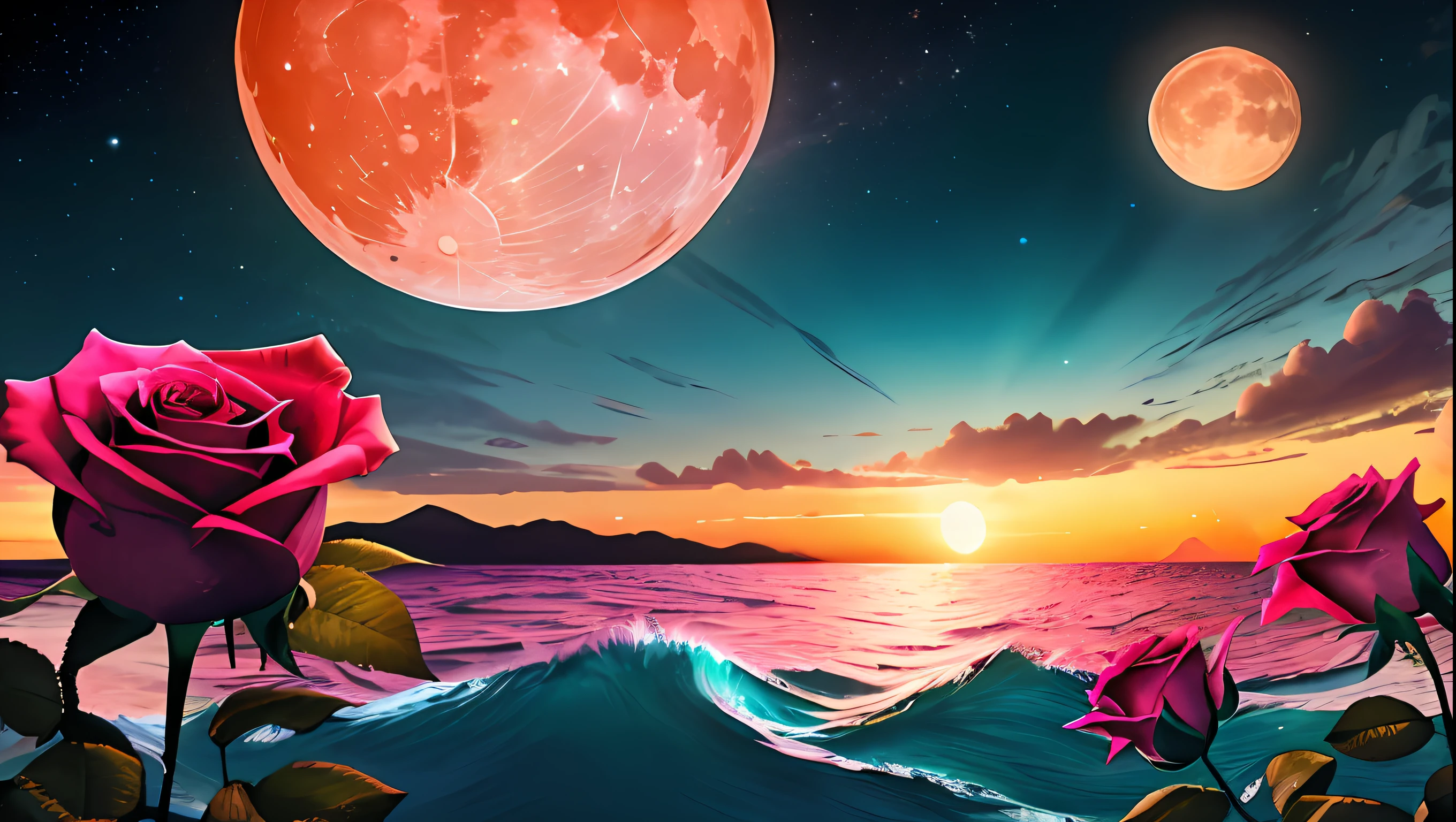Orange moon, teal sky, soft pink clouds, teal ocean waves sparkling, sparkling, pink roses on pink ocean, fantasy, diamond, crown, universe, soft lights,