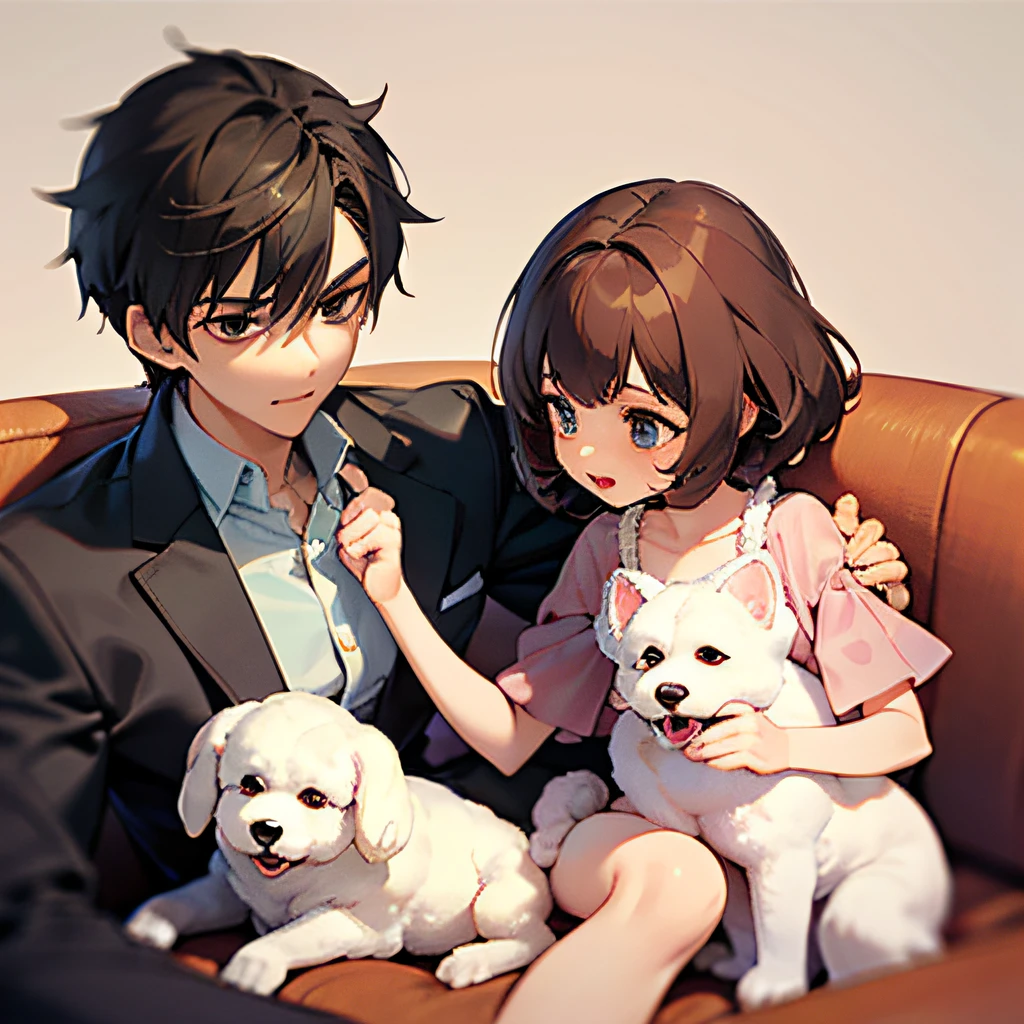 A handsome boy, a beautiful girl, sitting on the sofa at home watching TV, the girl snuggled in the boy's arms, the boy holding the girl. There was a small dog Bichon lying on the floor