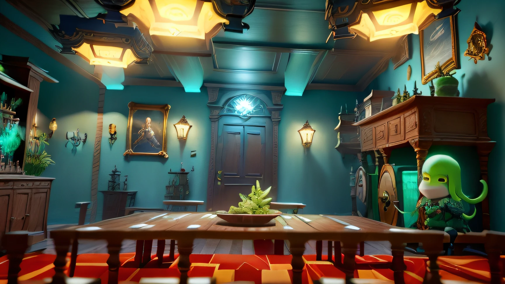 sala iluminada com piso quadriculado e mesa e cadeiras, Captura de tela de jogabilidade interior, Dentro de seu castelo VR surreal, Captura de tela do PC, Captura de tela do videogame>, renderizado no omniverso da nvidia, captura de tela do jogo, videogame ainda, captura de tela de alta qualidade, ((bob esponja)), na captura de tela do jogo, jogabilidade ainda, Captura de tela do jogo, ((Bob Esponja)) Cthulhu Pesadelo, captura de tela do videogame, tear