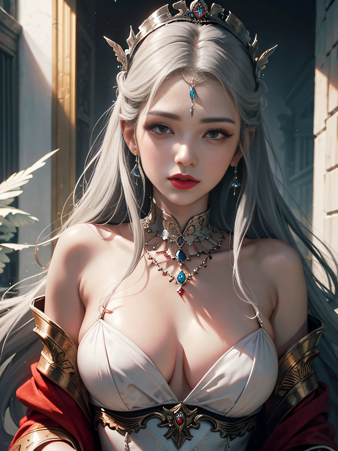 tmasterpiece，Light makeup，Redlip，Long silver messy hair，Wipe the forehead headdress，gracefulness，elegance。ultra fine detailed，Works of masters，Authentic texture，Cinematic lighting realism，perfect works，8k，k hd，Delicate facial features，plumw，Hyper-realism