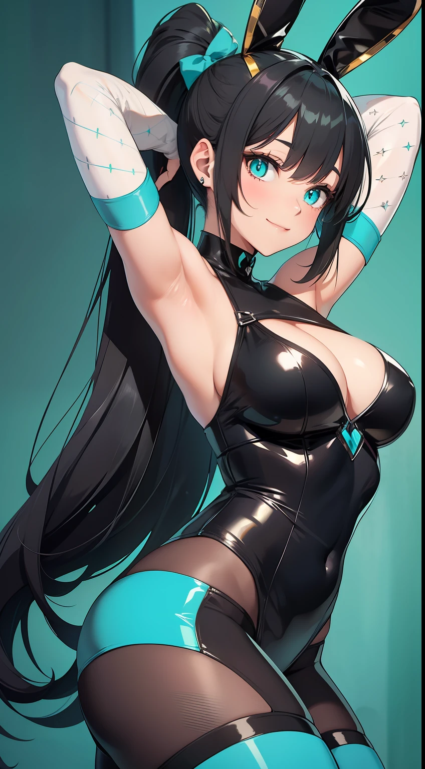 Adult woman, Long black hair, high ponytail, bunny ears, turquoise eyes, black skintight clothes, ssmile, Masterpiece, hiquality