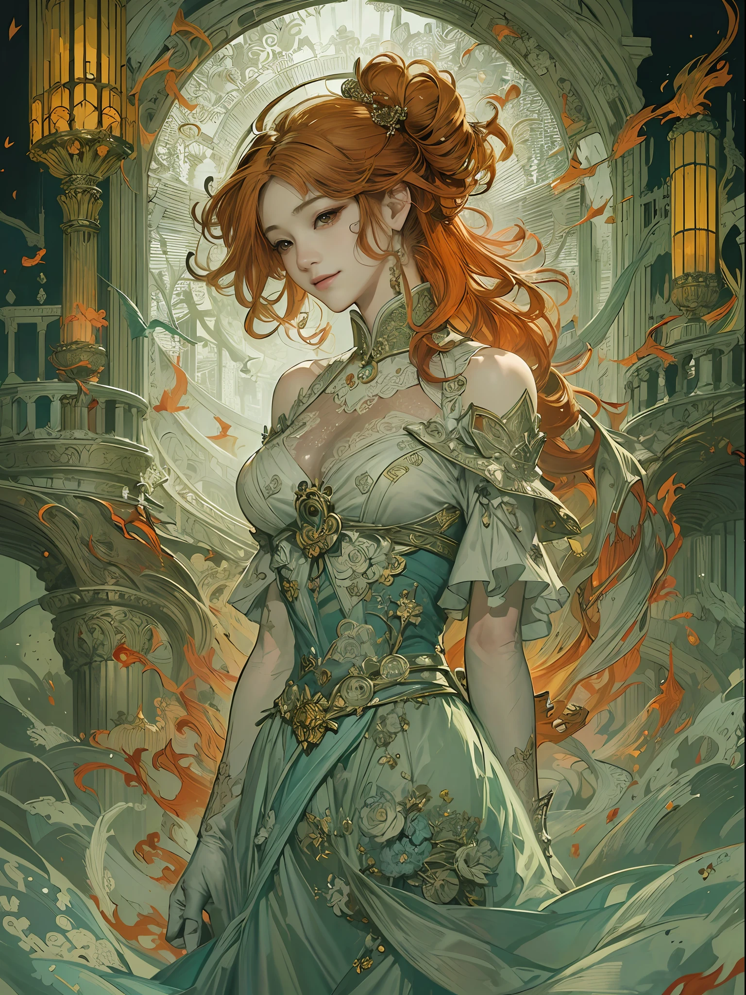 (Masterpiece) , (Best quality) , (Ultra-detailed) , illustration , Upper body ,Disheveled hair , Vampire , Dynamic angle solo , 1girll , game character portrait , red - eyed , Long hair , (dress) , Seductive smile ,blond hairbl , (Evening dress:1.2) , (lace elbow gloves) , Baring teeth ,(Expressionless) , view the viewer ,standing , from back , floating long dress ,Beautiful , elegant , Graceful , Award-winning art , (Yuko Shimizu's style:1.4) , (Abstract art:1.2) , style of rebecca guay(Yuko Shimizu's style:1.4) , (abstract artistic:1.2) , style of rebecca guay , The flames were shrouded in flames,