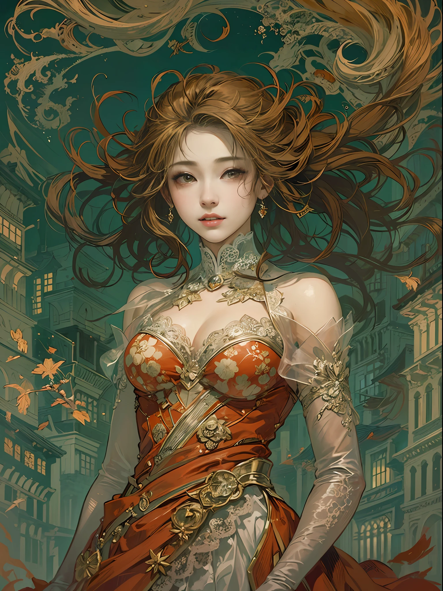 (Masterpiece) , (Best quality) , (Ultra-detailed) , illustration , Upper body ,Disheveled hair , Vampire , Dynamic angle solo , 1girll , game character portrait , red - eyed , Long hair , (dress) , Seductive smile ,blond hairbl , (Evening dress:1.2) , (lace elbow gloves) , Baring teeth ,(Expressionless) , view the viewer ,standing , from back , floating long dress ,Beautiful , elegant , Graceful , Award-winning art , (Yuko Shimizu's style:1.4) , (Abstract art:1.2) , style of rebecca guay(Yuko Shimizu's style:1.4) , (abstract artistic:1.2) , style of rebecca guay , The flames were shrouded in flames,