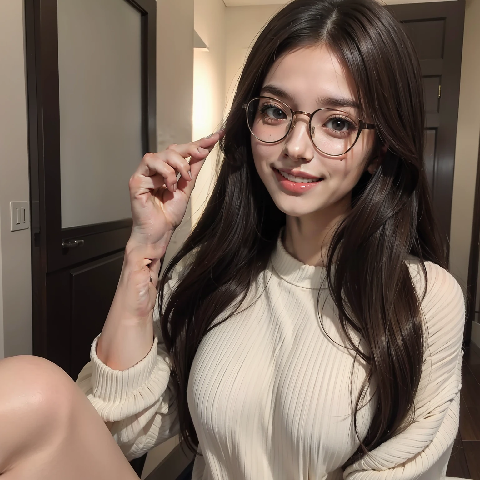 8k, ultra high definition, masterpiece, cute girl, long hair, smiling, brown hair, brown eyes, light skin, eyeglasses, kawaii