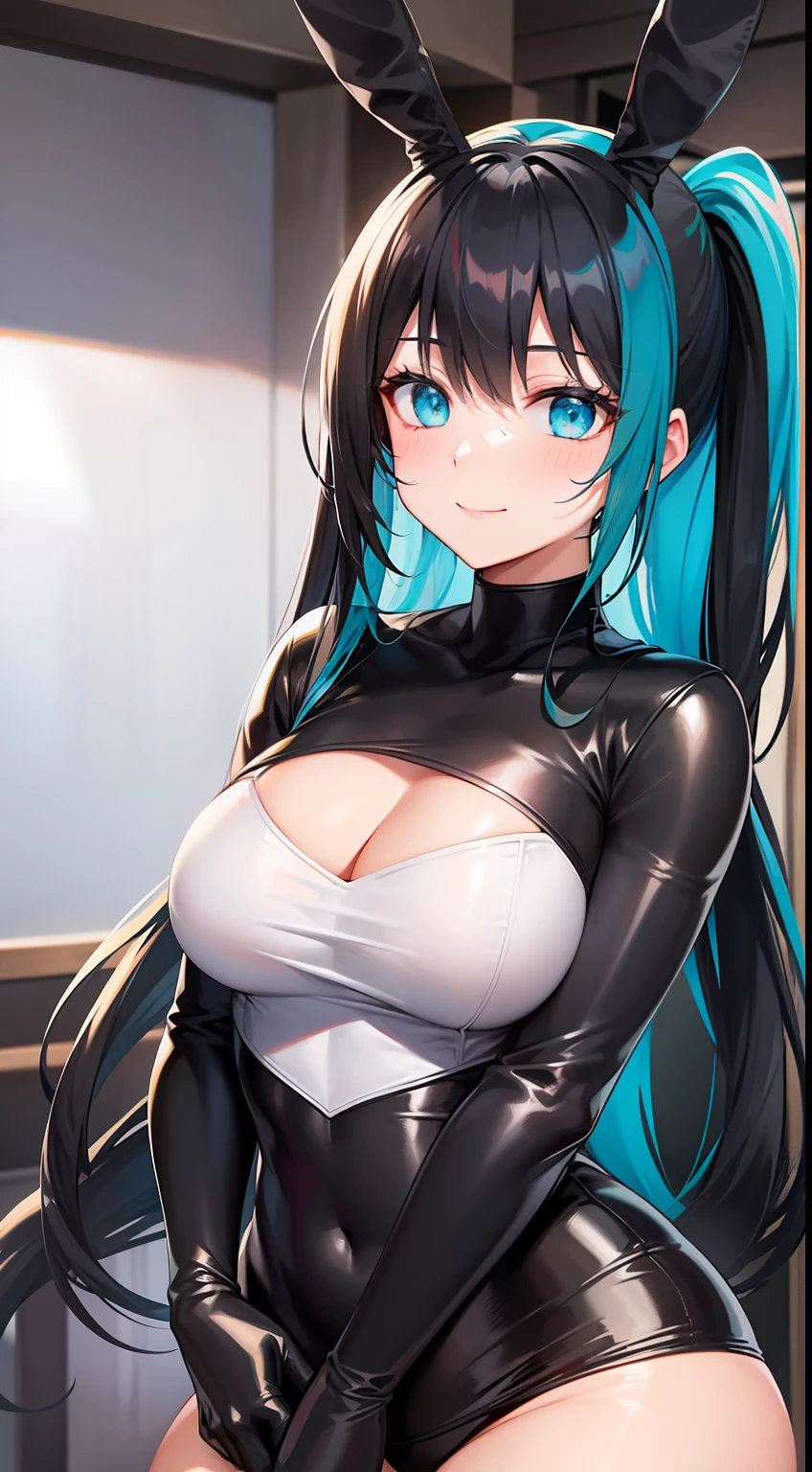 Adult woman, Long black hair, high ponytail, bunny ears, turquoise eyes, black skintight clothes, ssmile, Masterpiece, hiquality