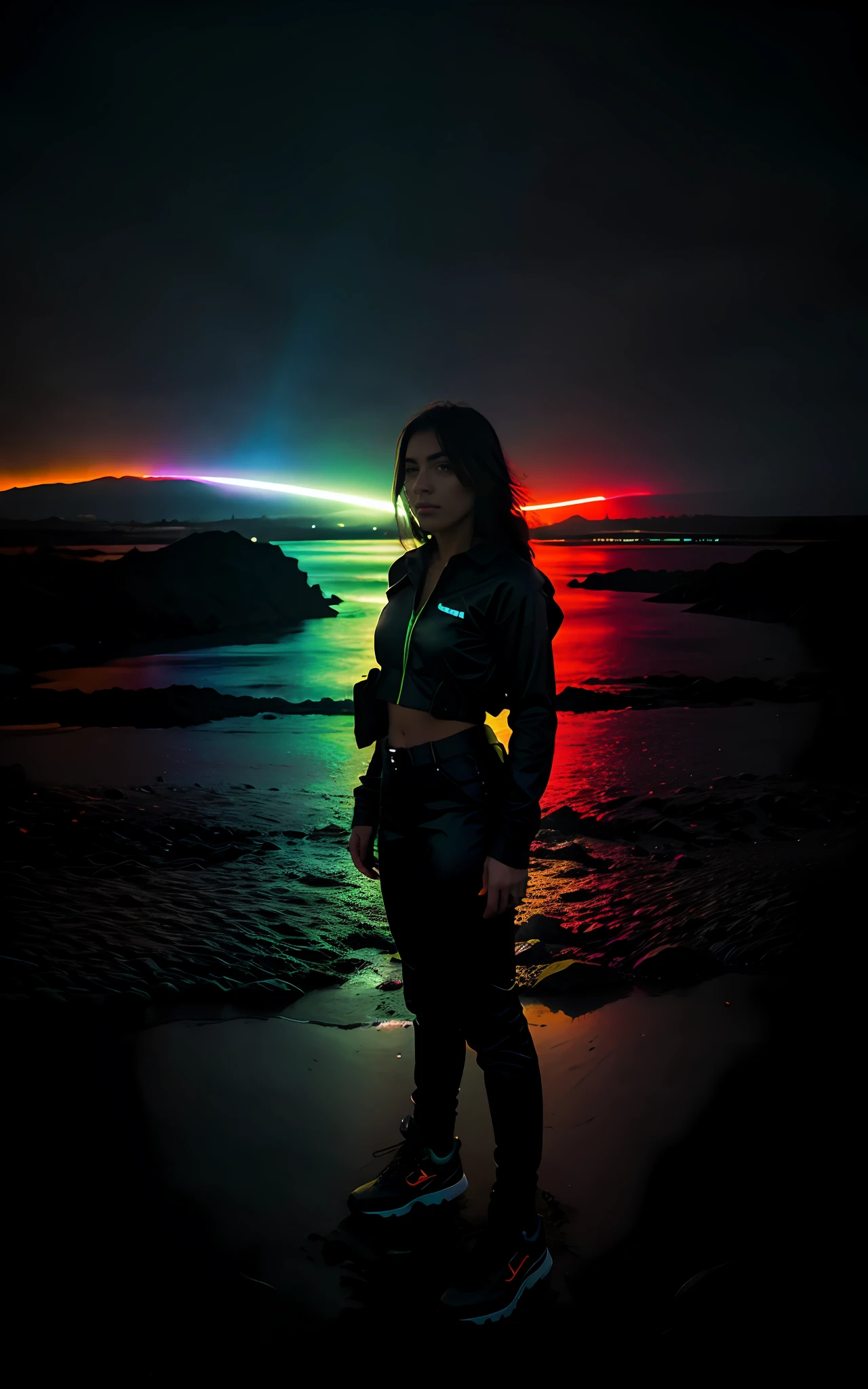 landscape, post apolypse, distopia, luzes neon, super iluminado, obra prima, fotografia sombria e misteriosa, dark tones, earth tones, 16k, ultra hd, realista, futurismo
