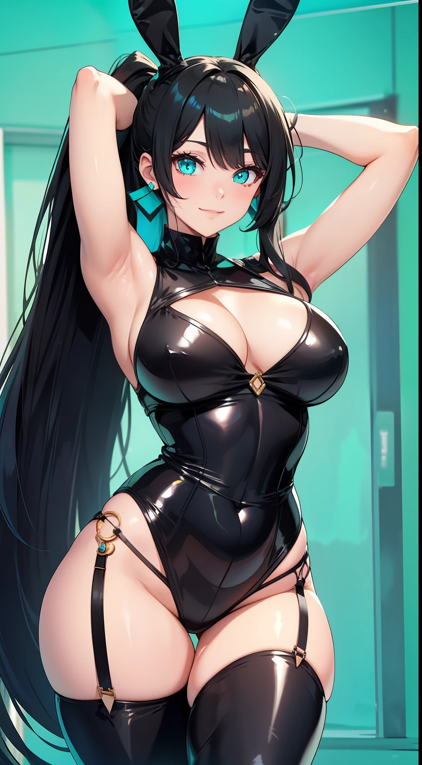 Adult woman, Long black hair, high ponytail, bunny ears, turquoise eyes, black skintight clothes, ssmile, Masterpiece, hiquality