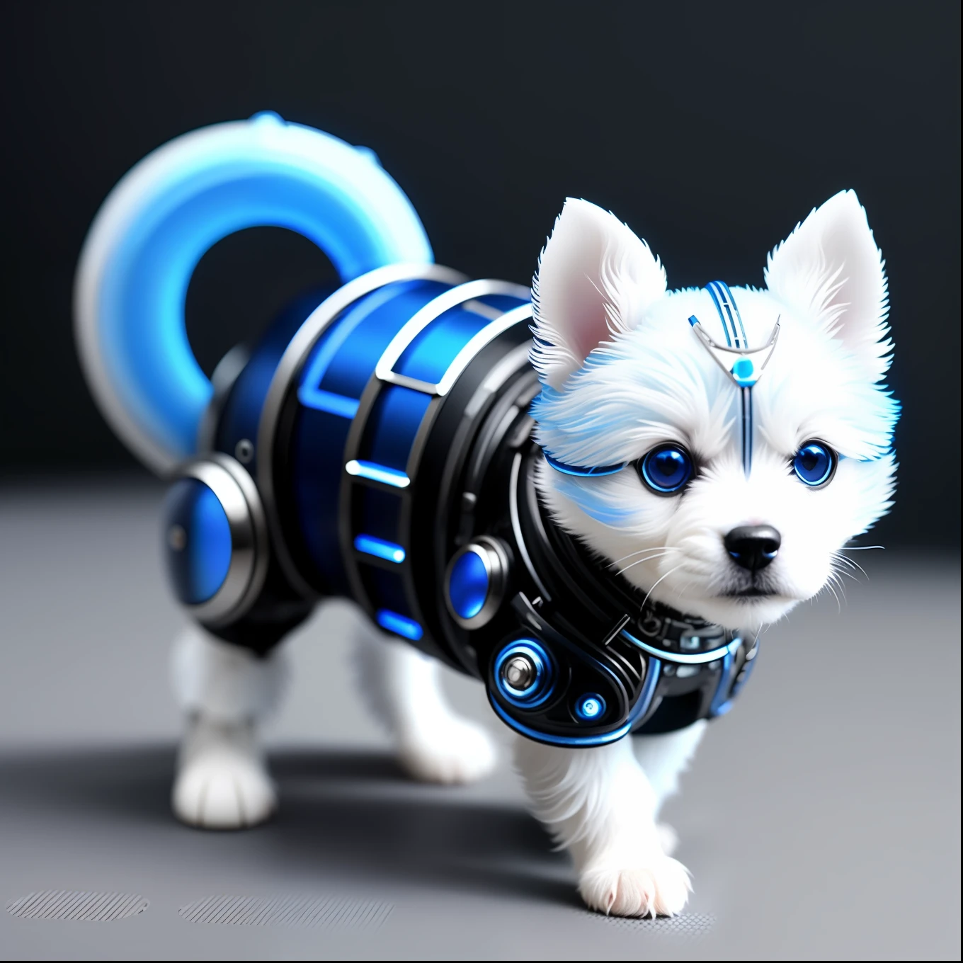 Cute puppy made of blue metal、(cyborgs:1.1)、([tail | Detailed wire]:1.3)、(intricate-detail)、hdr、(intricate-detail、ultra-detailliert:1.2)、Cinematic Shots、vignettes、central