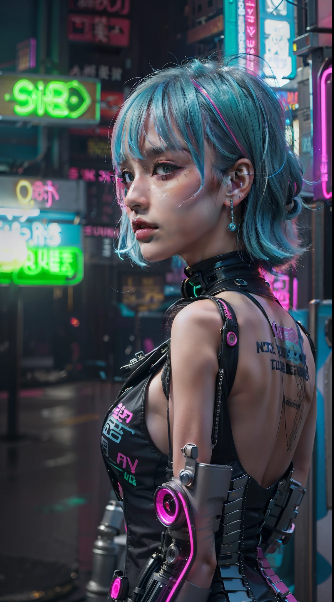 (masutepiece, of the highest quality, Best Quality, Official art, Beautiful and aesthetic:1.2),(1girl in:1.4),Full body,([Pink|Blue] hair:1.5),ighly detailed,(Fractal Art:1.3),(Colorful:1.5),highest details,(Mechanical modification:1.3),(corrected:1.2),Maiden,(A complex mechanical conduit is inserted into the back:1.5),catheter,(Neon background:1.4),(Neon City:1.75),Night,Large breasts,(Gothic_ta:1.2),high-heels,(:0.75),makeup,blush,(Cyberpunk:1.4),((Looking at Viewer:1.3)),((Looking back)),Sofia Boutella, brunette, sun burn, Colossal tits, Nikon D850 Film Stock Photography 4 Kodak Portra 400 Camera F1.6 lens rich colors hyper realistic lifelike texture dramatic lighting unrealengine trending on artstation cinestill 800,