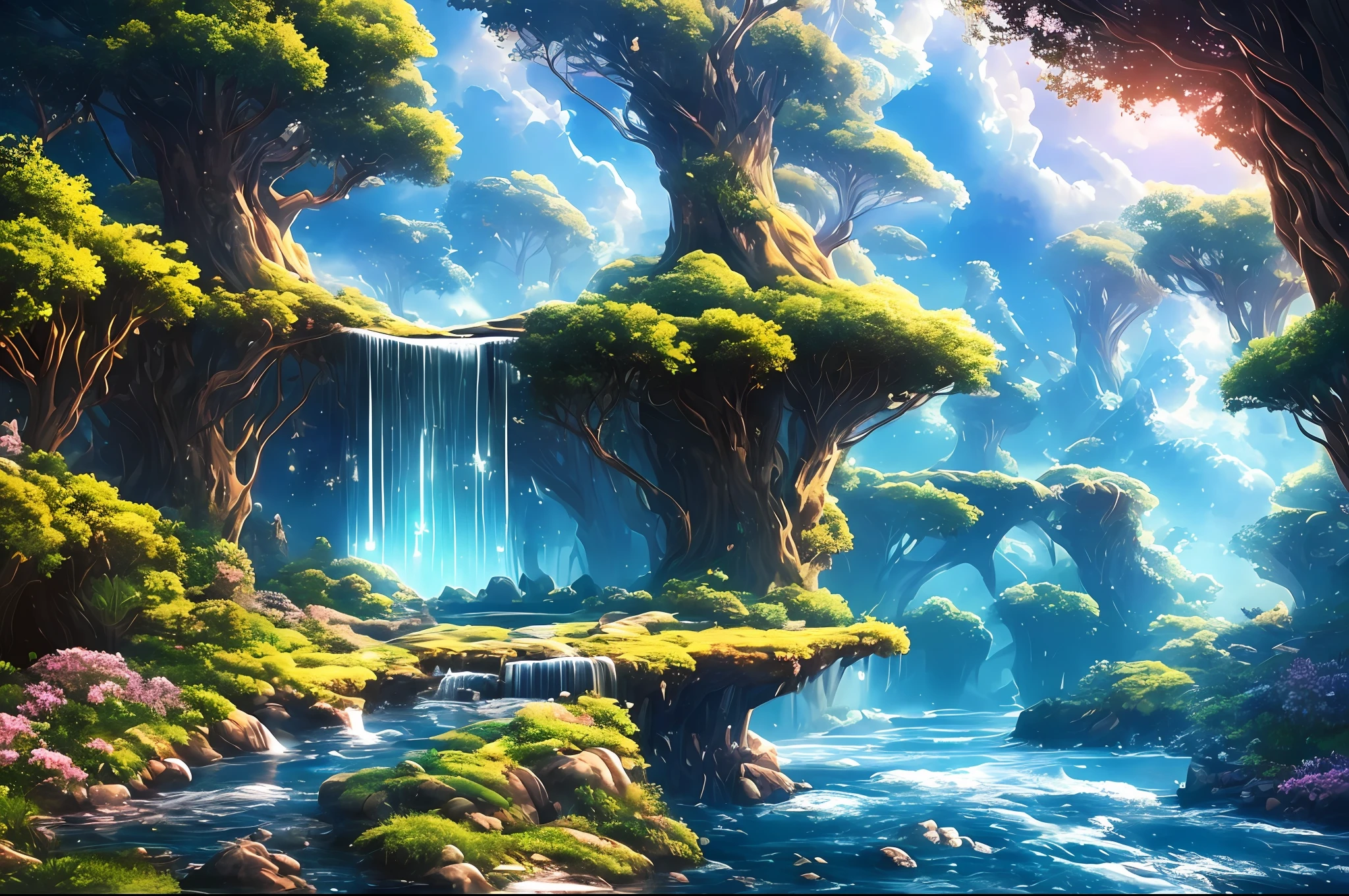 A surrealist one、Otherworldly、Illustration of the super sky scene,Including a huge crystal tree all over the body、Very detailed and magical lighting、Intricate forest details、Vegetation and surrounding rivers、Solar punk、scenecy、giant tree、Beautiful green leaves、Beautiful lighting and realistic proportions,As if it were a movie backdrop,8K,HighestQuali,tmasterpiece,Clouds and stars in the sky,(Very detailed CG unity 8K wallpaper),cinmatic lighting,Ray traching,32K