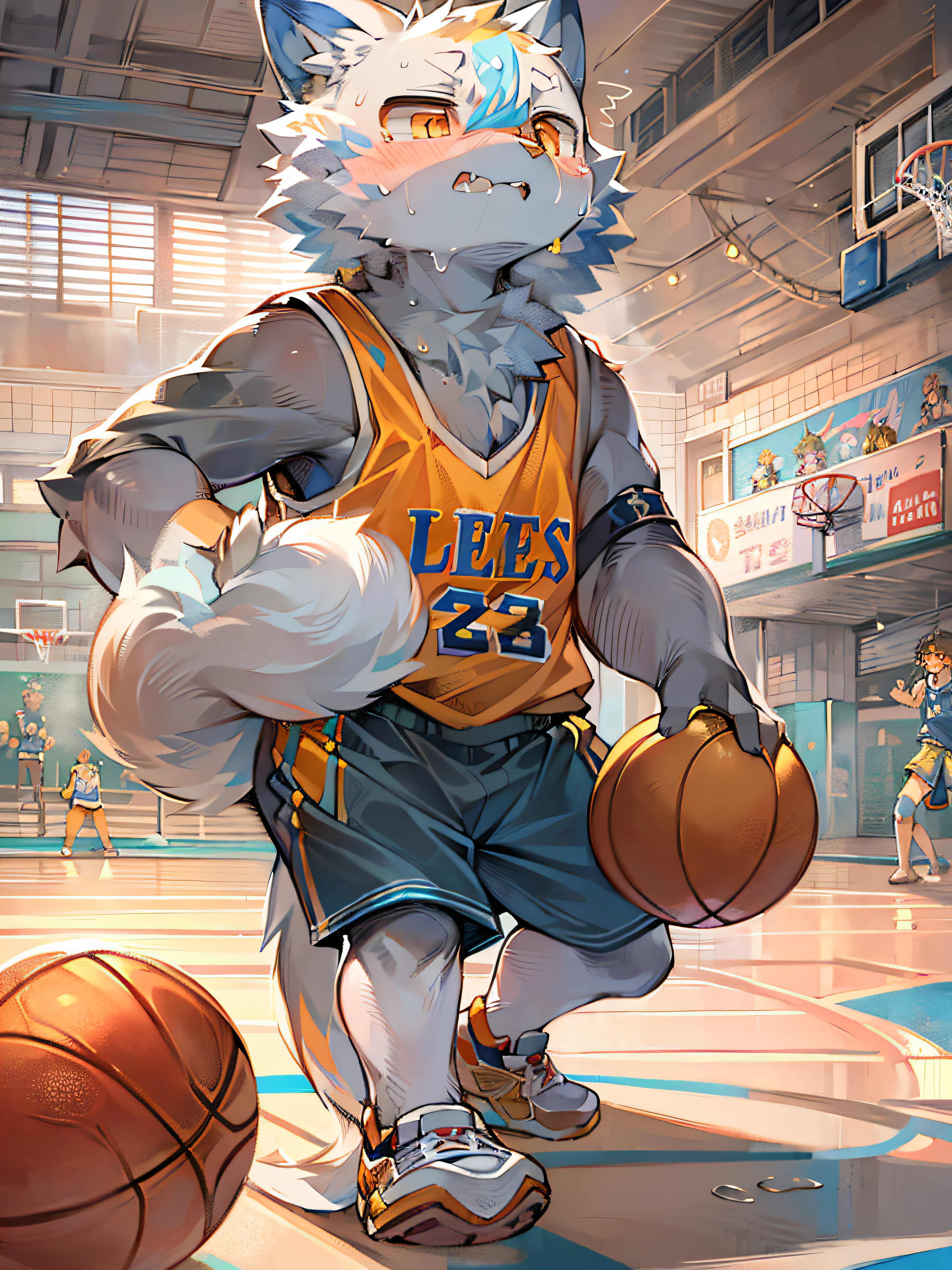 masterpiece, high quality, absurd res, digital painting \(artwork\), by dagasi, yupa,kiyosan,(fluffy fur:1.1),(bright:0.8),anthro male cat. (orange eyes,Gray blue fur, full body fur, cat snout:1.2), bright eyes,panorama,character focus.detailed background,(Yellow basketball jersey, sweating,dribble, playing basketball:1.2),(indoor, basketball court:1.2)