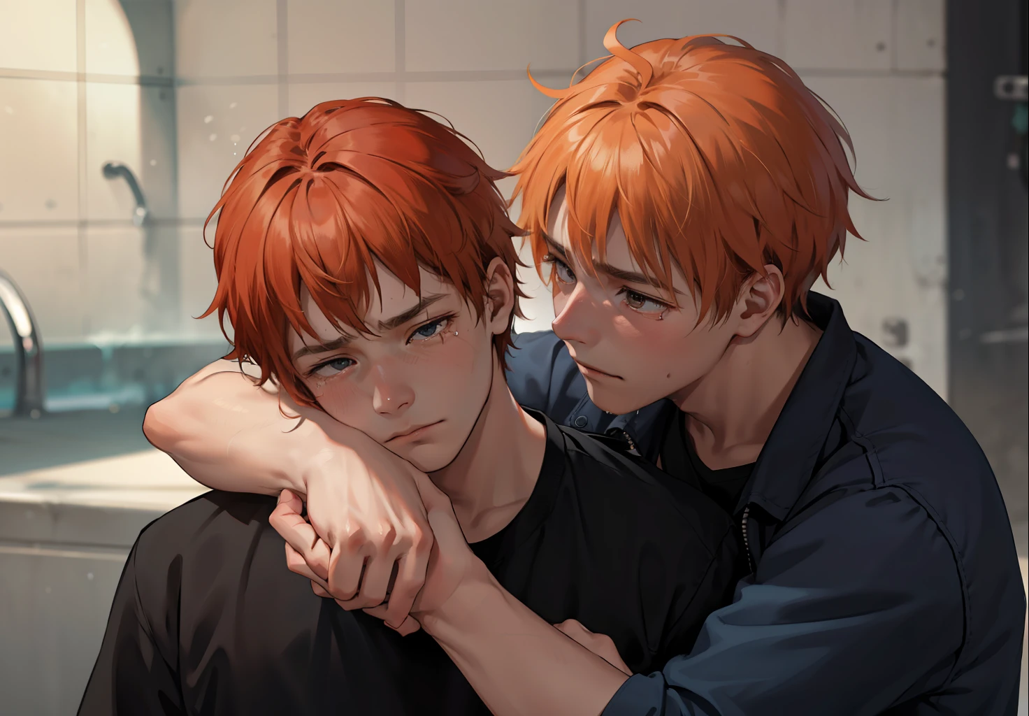 Orange-haired 15-year-old cries with sadness because his friend has died