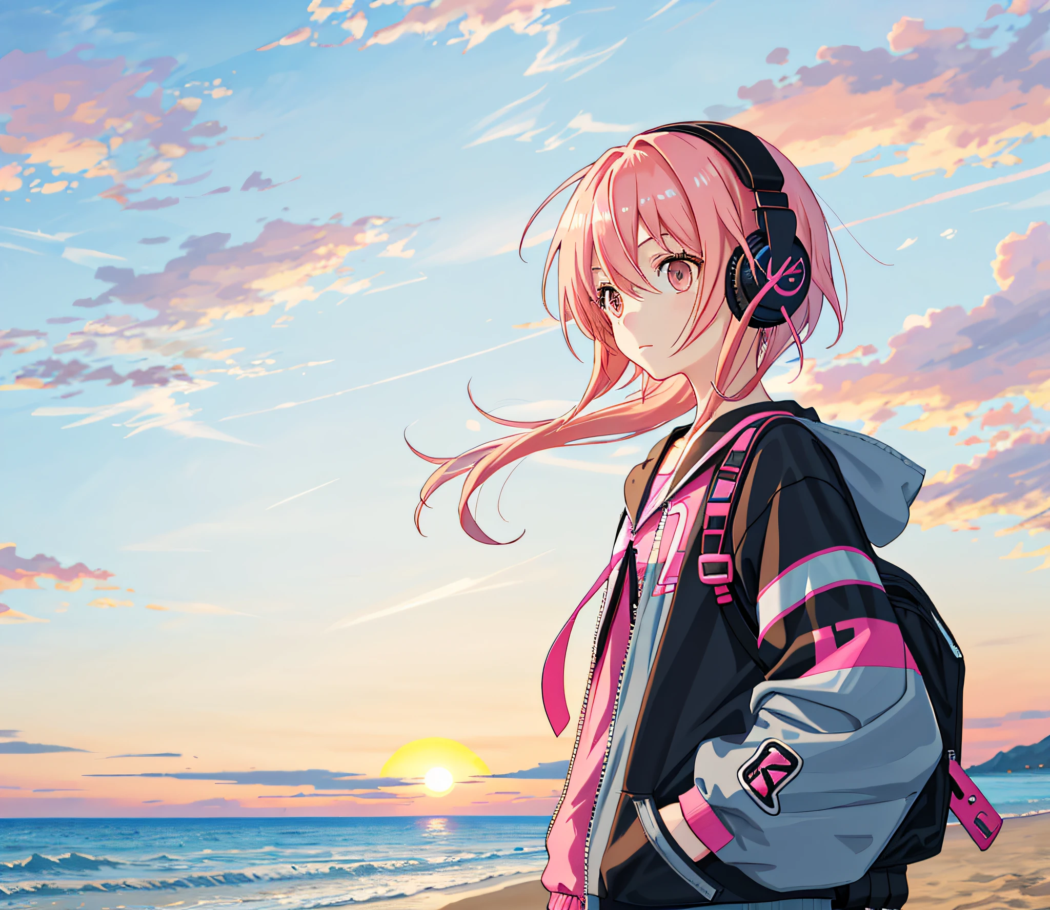 Anime girl with pink hair and headphones standing on the beach, big setting sun,sandbeach,backpacks,Black brown eyes,Put your hands in your pockets