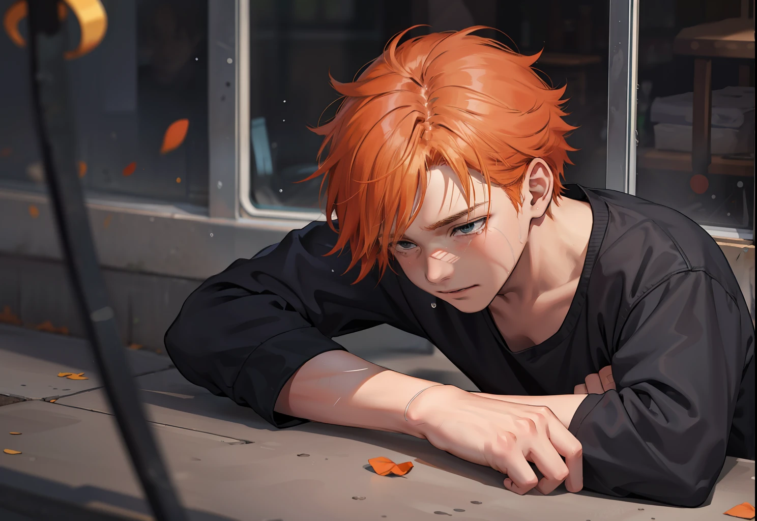 Orange-haired -yeld cr with sadness because his friend has died