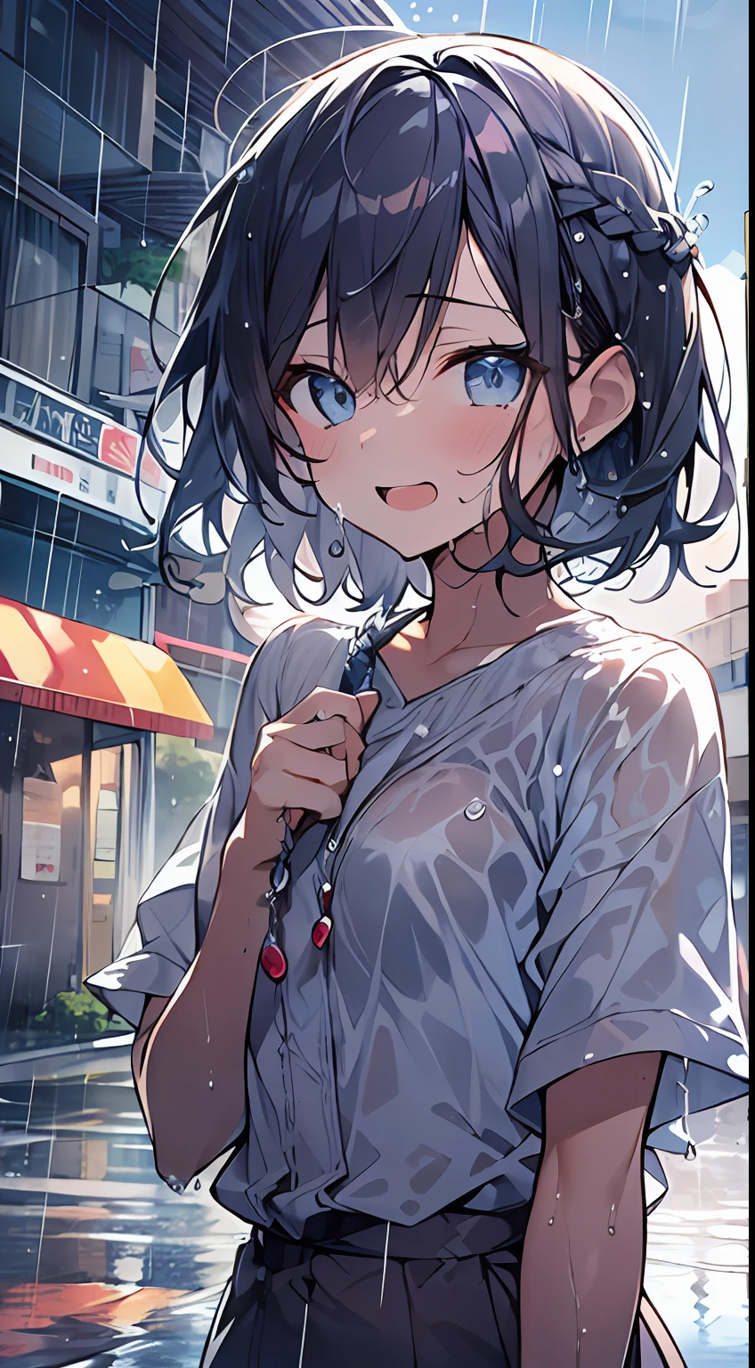 masutepiece, Best Quality,Illustration, Wallpaper, Ultra Detail, absurderes, 1girl in, Solo, (Medium short hair、short braided hair), Beautiful detailed eyes, rainfall、water dripping、wetting hair , Looking to the side, (Street:1.3), Cloudy sky、Laughing、kirakira