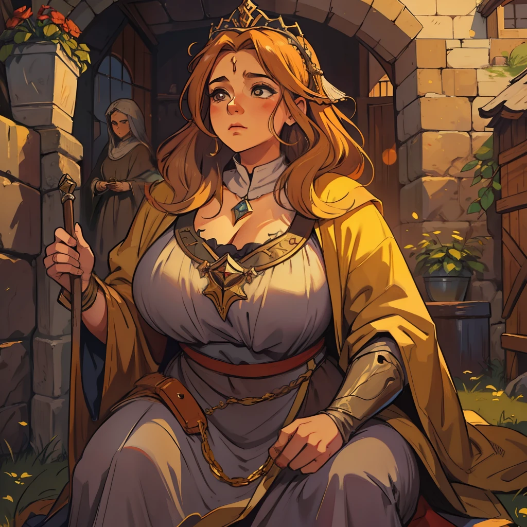Uma linda mulher plus size com belos seios e cabelos loiros amarelos dourados, she is a poor woman for RPG character in an expressive medieval art and beautiful an RPG art, Uma arte de RPG de arte medieval, Loira, cabelos loiros, cabelos amarelos