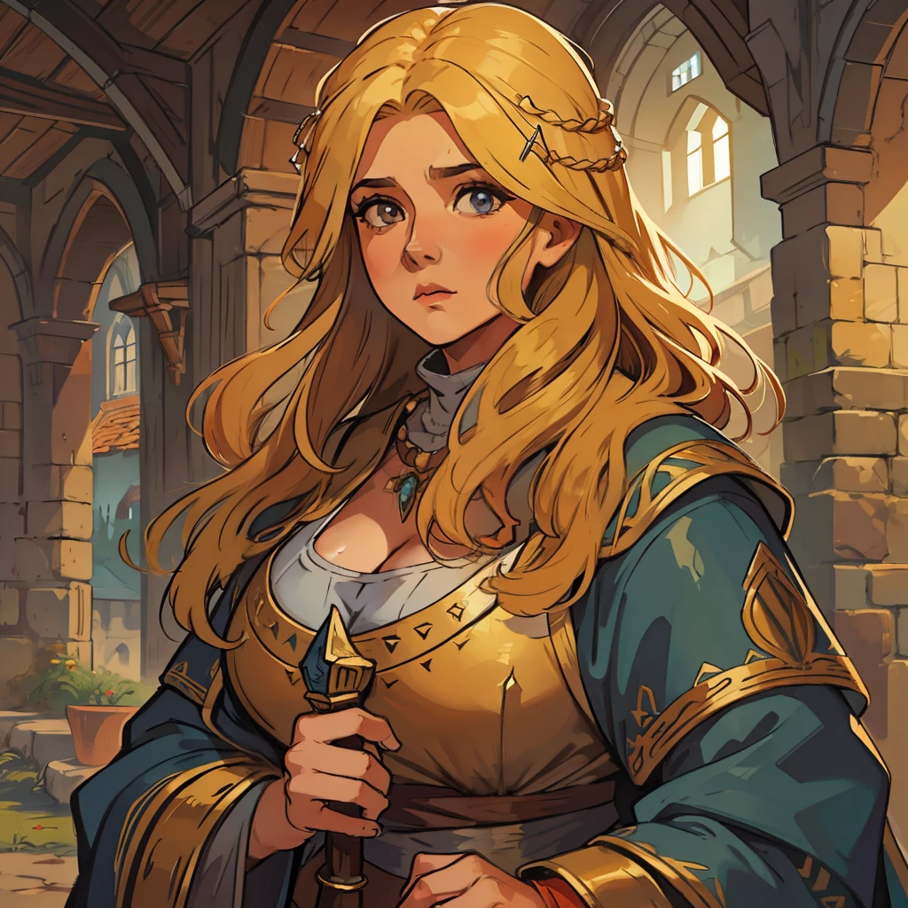 Uma linda mulher plus size com belos seios e cabelos loiros amarelos dourados, she is a poor woman for RPG character in an expressive medieval art and beautiful an RPG art, Uma arte de RPG de arte medieval, Loira, cabelos loiros, cabelos amarelos