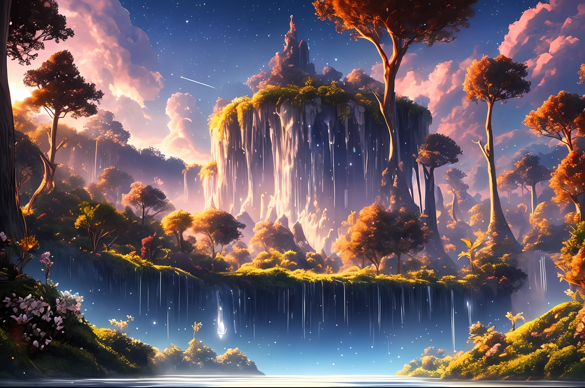 A surrealist one、Otherworldly、Illustration of the super sky scene,Including a huge crystal tree all over the body、Very detailed and magical lighting、Intricate forest details、Vegetation and surrounding rivers、Solar punk、scenecy、giant tree、Beautiful green leaves、Beautiful lighting and realistic proportions,As if it were a movie backdrop,8K,HighestQuali,tmasterpiece,Clouds and stars in the sky,(Very detailed CG unity 8K wallpaper),cinmatic lighting,Ray traching,32K
