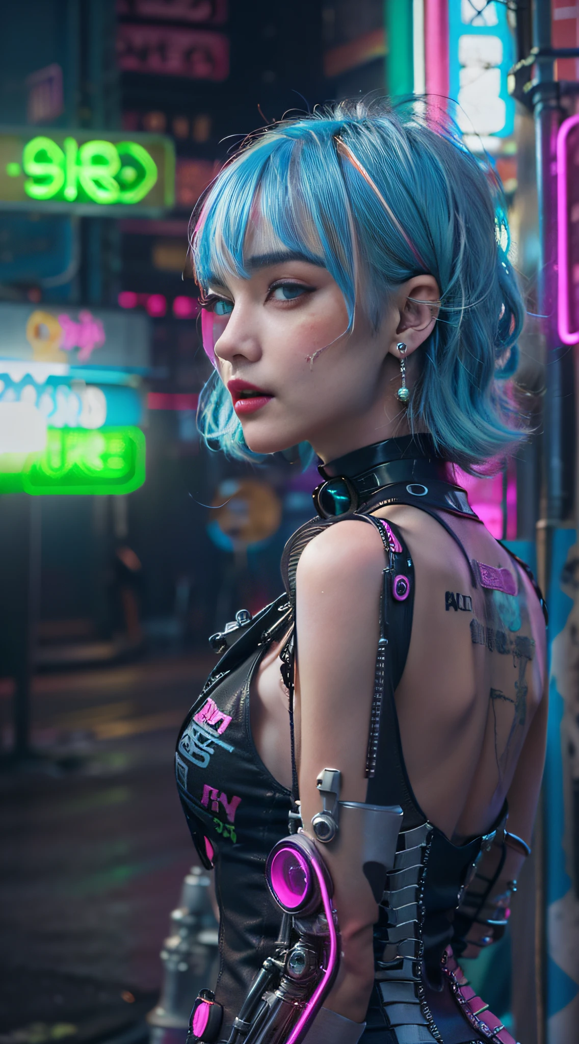 (masutepiece, of the highest quality, Best Quality, Official art, Beautiful and aesthetic:1.2),(1girl in:1.4),Full body,([Pink|Blue] hair:1.5),ighly detailed,(Fractal Art:1.3),(Colorful:1.5),highest details,(Mechanical modification:1.3),(corrected:1.2),Maiden,(A complex mechanical conduit is inserted into the back:1.5),catheter,(Neon background:1.4),(Neon City:1.75),Night,Large breasts,(Gothic_Lolita:1.2),high-heels,(:0.75),makeup,blush,(Cyberpunk:1.4),((Looking at Viewer:1.3)),((Looking back)),Sofia Boutella, brunette, sun burn, Colossal tits, Nikon D850 Film Stock Photography 4 Kodak Portra 400 Camera F1.6 lens rich colors hyper realistic lifelike texture dramatic lighting unrealengine trending on artstation cinestill 800,