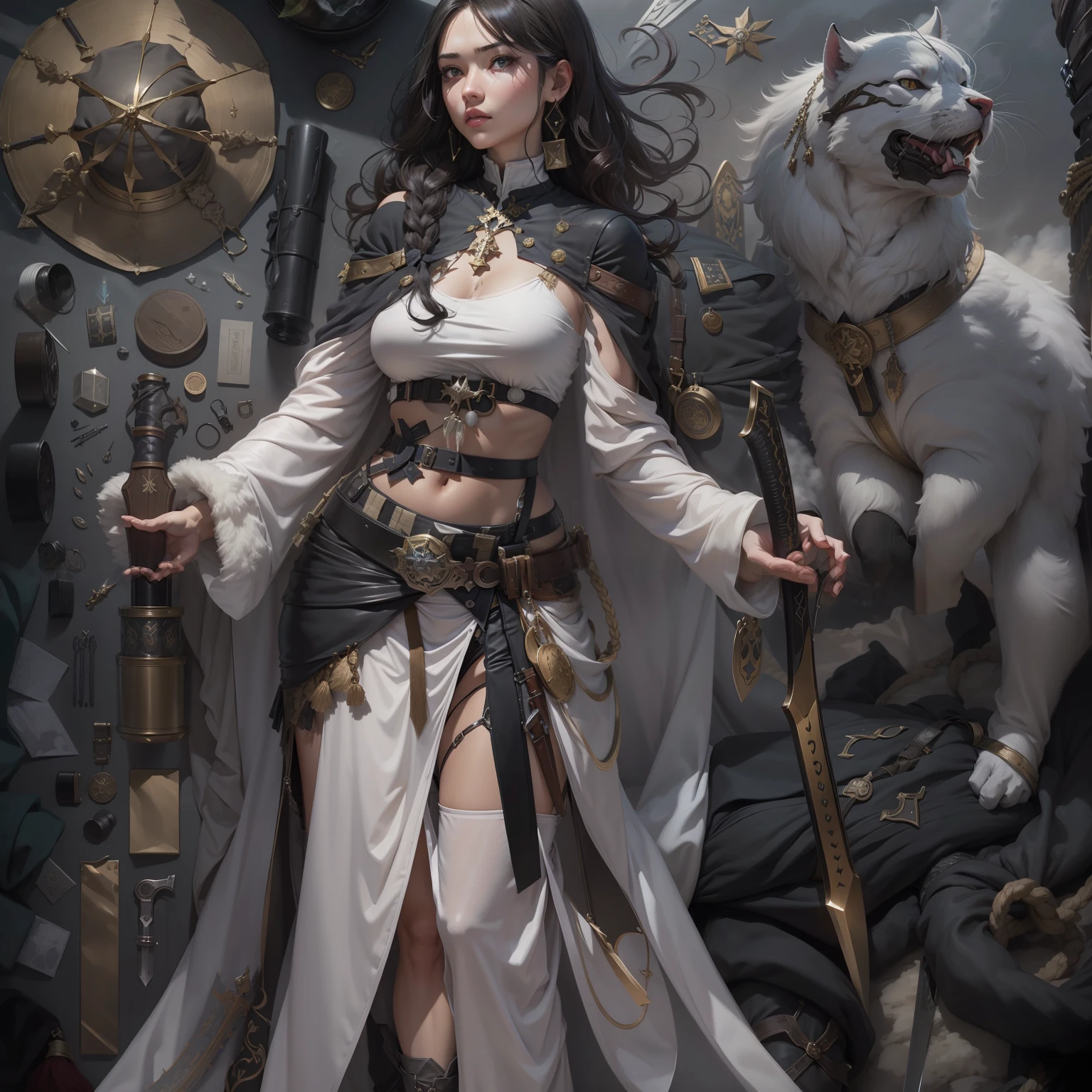 heavy snowy,tarot cards, arma, The sword, halter, Weapons of the future, 32K, Linen cloak, Top quality, Masterpiece:Faust,,1 child, short detailed hair, thin fog, tarot cards, tmasterpiece,k hd,hyper HD,16k,clutching a sword, Tarot elements, Reflectors, bloods, Eastern Asia, Weapon focus, Skysky, brunette color hair, knifes, shorter pants, fumo, Mist, The clothes ar, bandagens, sword sheath, Leather, 独奏
