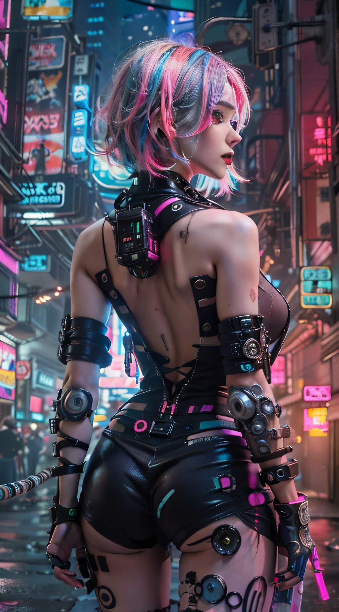 (masutepiece, of the highest quality, Best Quality, Official art, Beautiful and aesthetic:1.2),(1girl in:1.4),Full body,([Pink|Blue] hair:1.5),ighly detailed,(Fractal Art:1.3),(Colorful:1.5),highest details,(Mechanical modification:1.3),(corrected:1.2),Maiden,(A complex mechanical conduit is inserted into the back:1.5),catheter,(Neon background:1.4),(Neon City:1.75),Night,Large breasts,(Gothic_****ta:1.2),high-heels,(:0.75),makeup,blush,(Cyberpunk:1.4),((Looking at Viewer:1.3)),((Looking back)),Sofia Boutella, brunette, sun burn, Colossal tits, Nikon D850 Film Stock Photography 4 Kodak Portra 400 Camera F1.6 lens rich colors hyper realistic lifelike texture dramatic lighting unrealengine trending on artstation cinestill 800,