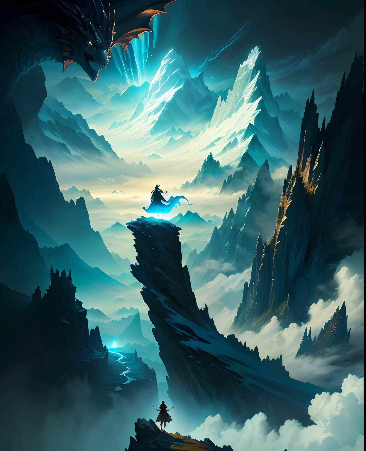 A boy in period costume stands on a mountain peak,Dragon probes from the mountain,Dragon soul possessed, Surrounded by a vast sea of clouds, magical concept art, cinematic fantasy painting,The ghosts around are crying,