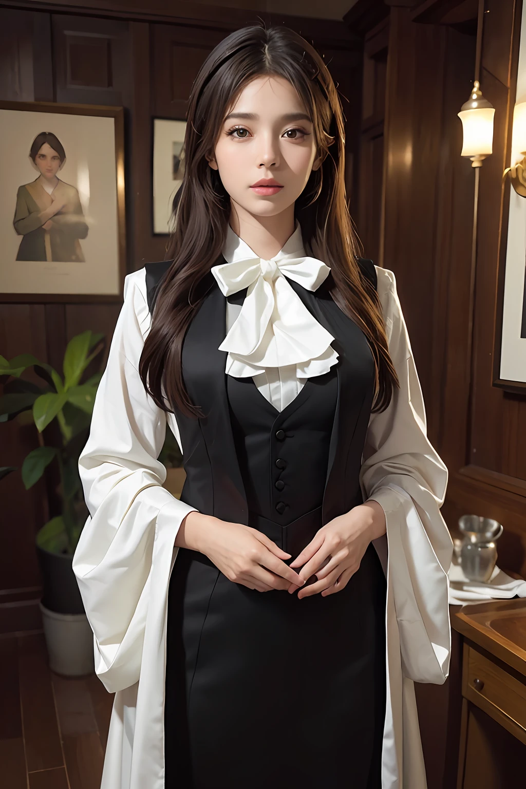 (Front focus)、(dark: 1.6)、Hyperrealist female portrait by David Hockney and Alphonse Mucha、Fantasy Art、photoRealstic、Dynamic Lighting、art stations、poster for、Volume Lighting、extra detailed face、4 K、Award-winning、 、女の子1人、deep-shadows、lowkey、cowboy shot、(formal outfit:1.4)、Long、19age