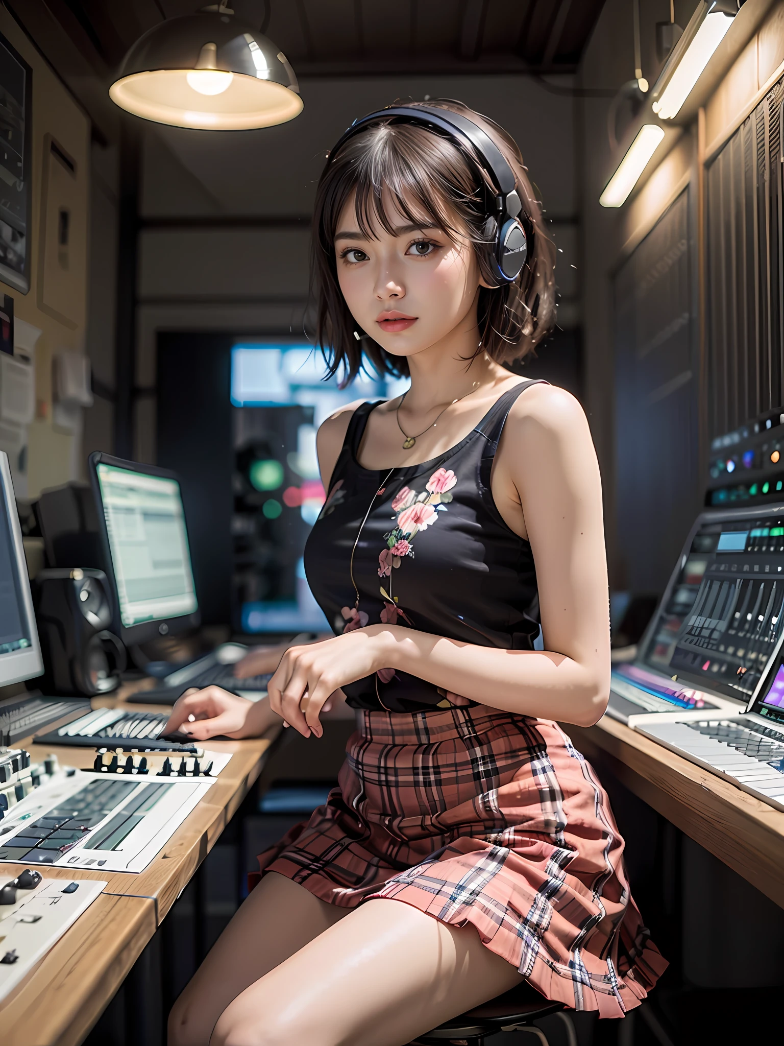 Best quality, masutepiece, (Photorealistic:2), 超高分辨率, Highly detailed, ultra-realistic realism, 1girl in, ((Red headphones)), (long skirt), floral patterns, Extremely colorful_Hair、(((Very_short_Hair))), Short hair, Slim body, Full shot, view the viewer, ((Music studio)), Bright atmosphere, spotlight lights, Detailed background
