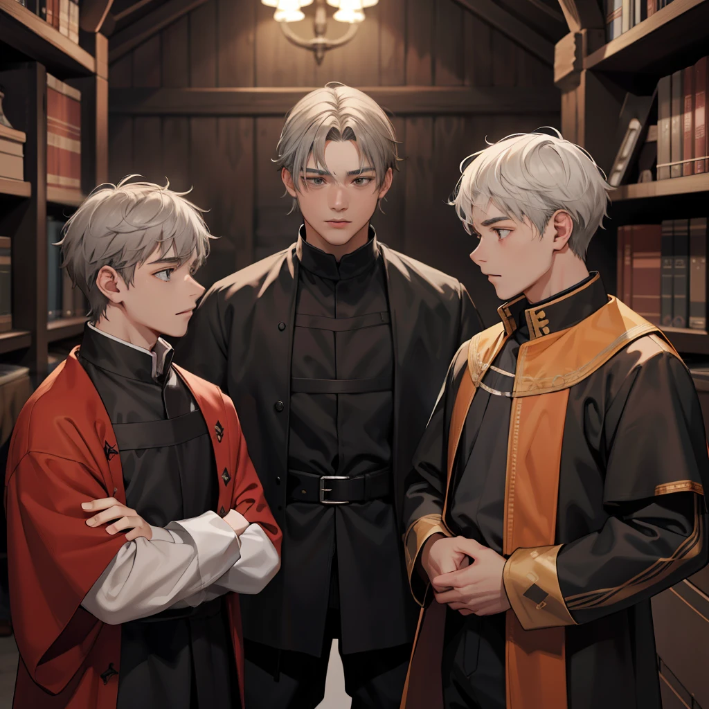 Three gray-haired 14-year-olds in modernized medieval costume are talking