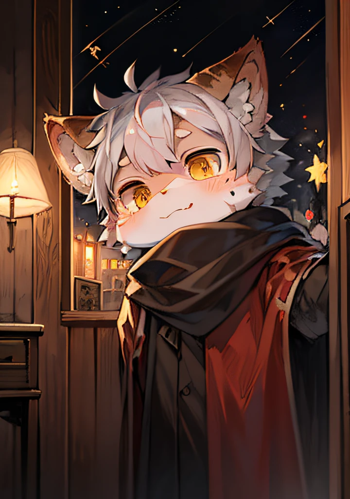 (ambiente dark:0.8),masterpiece,high quality,abstract res,digital painting\(artwork\), by dagasi, yupa,kiyosan,(anthro,fluffy fur,character focus:1.1),anthro male cat,short hair,portrait , eyes with brightness, in a panoramic view, Character focus.(detailedbackground:0.7), 独奏, shaggy, shaggy male, malefocus, anthr,(Full Body Furry, Multiple fluffy tails, White fur, Golden eyes, Gray hair:1.2，With a star birthmark), (long canines、Vampires、cloaks：1.2），（interiors、borgar：1.1）