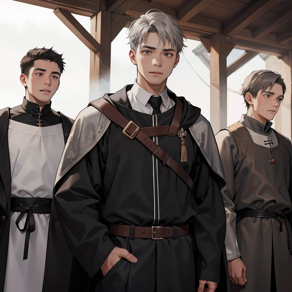 Three gray-haired s in modernized medieval costume are talking