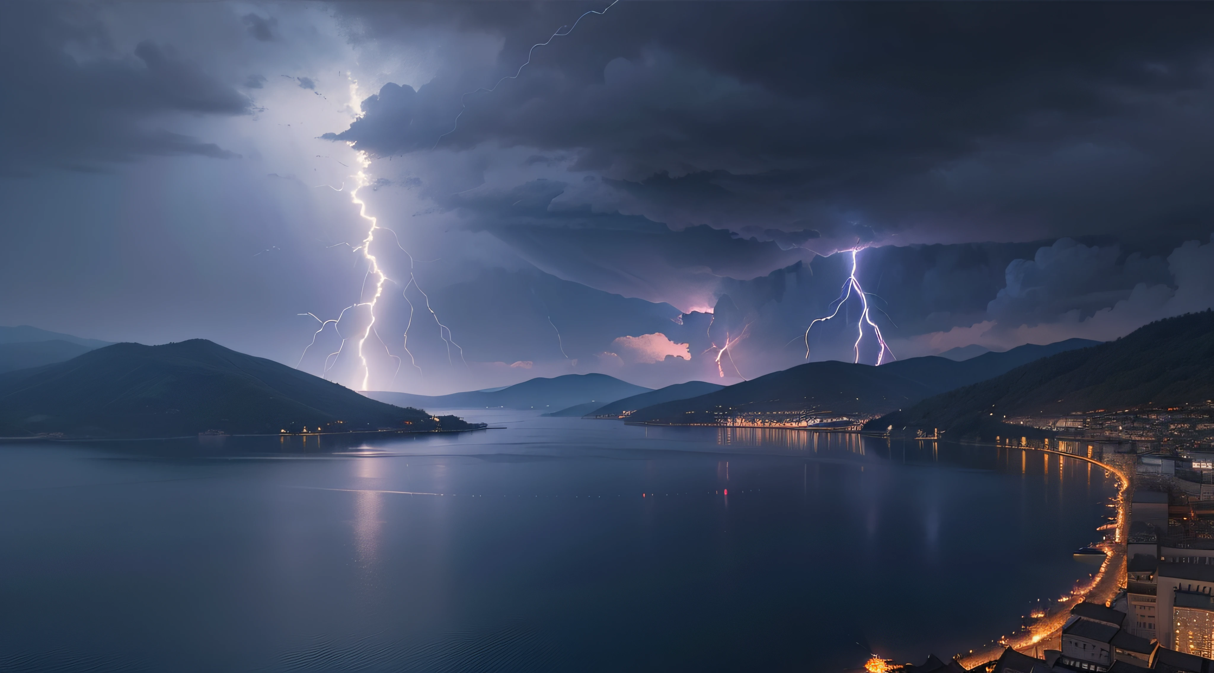 NSFW、(Surreal)、(hight resolution)、(8K)、 (ighly detailed)、(top-quality、masterpiece:1.3)、(sharpnes)、(Lots of lightning)、Lightning reflecting off the surface of the lake、natta、dark sky、(alps)、countryside view、A city scape、lake、From a bird's-eye view