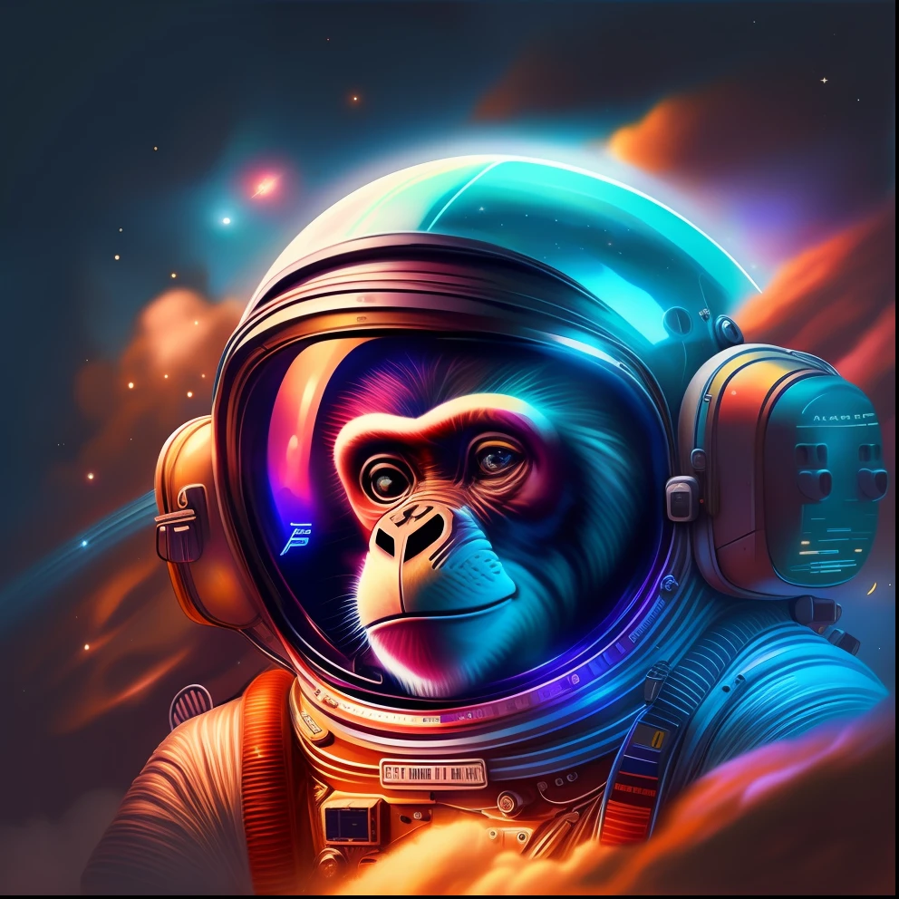 um close up de um macaco em um traje espacial com um capacete, portrait of chimpanzee in space, Astronaut with a chimpanzee, humanoid monkey fantasy race, Jen Bartel, Beeple e Jeremias Ketner, Obra-prima Beeple, Hybrid style beep blend, Retrato de um astronauta de IA, cosmonauta, bipe |