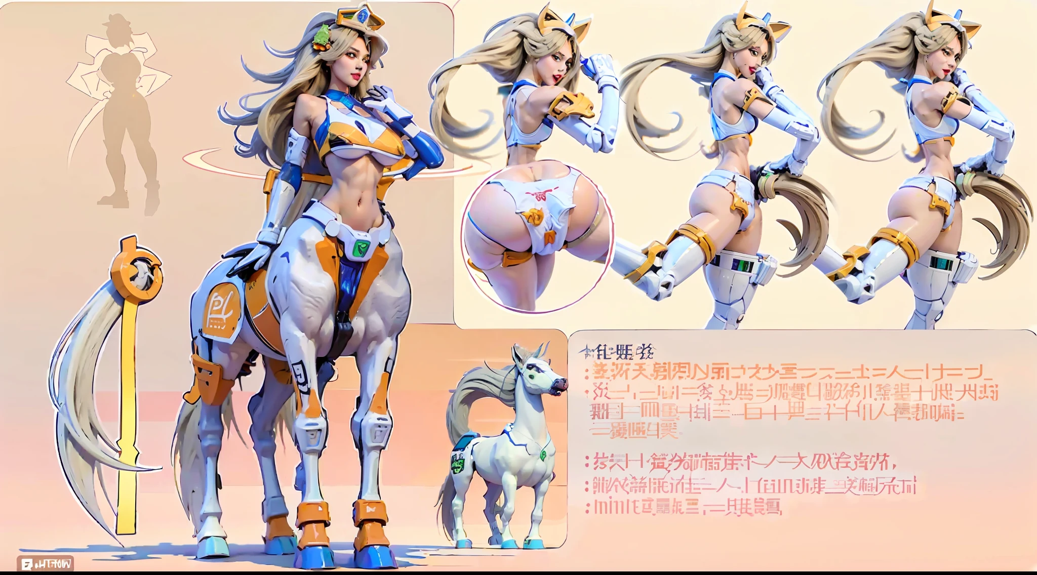 A female centaur，She is famous in the multiverse，She is both a female centaur, half human, half horse, half horse，It is also a female Yingzhao。She blends both images，The first is the head of a horse/neck/Shoulder these parts，After feminization，The upper body transforms into a beautiful female human，Female, half-centaur, half-human, half-horse, half-human，The second is the waist of the horse/hason/gluteal/Legs feminine，Female half-horse with beautiful woman's，Chimer，It's like a female human wearing a half-horse-like costume and making a seamless chimera，This chimerization is based on powerful futuristic technology。The ultra-wide-angle lens captures the image of her sleek and ethereal wings charging and leaping on the ionosphere。Her front half is distinctly feminine，Tall sexy body，Has K cup teardrop-shaped giant tit chest，It has a small man's waist butterfly spanning long legs，The half-horse part of the hind body，Embedded interface in the front half of the body hip position。The back half of her body is horse-shaped，Half-horse torso，The morphology is completely female and humanized，Start at the upper end of the sternum，Embedded in the lower back position of the beauty body，Sexy bent dog style shaped chest/lower back/Ventral transverse，Then there are the sexy beauty's upright hips，Her entire body has been completely feminized，Including the half-horse part，Mechanized armor covers the knee-shaped anti-joints and feet，And these parts are highly anthropomorphic，This gives her legs a graceful and slender line，She has four slender legs like a supermodel，Under the legs are skinny white feet dressed in Skyscraper Heels，Use Midjourney's advanced stroke tools and color palettes, as well as texture packs, model packs, and texture tools，Concentration，Femaleize all parts of her original equine physiologic appearance，And give these parts an ergonomic appearance，Fine treatment of the thoracic and abdominal cavity of the posterior body，As well as hips and legs，Tightly connected details