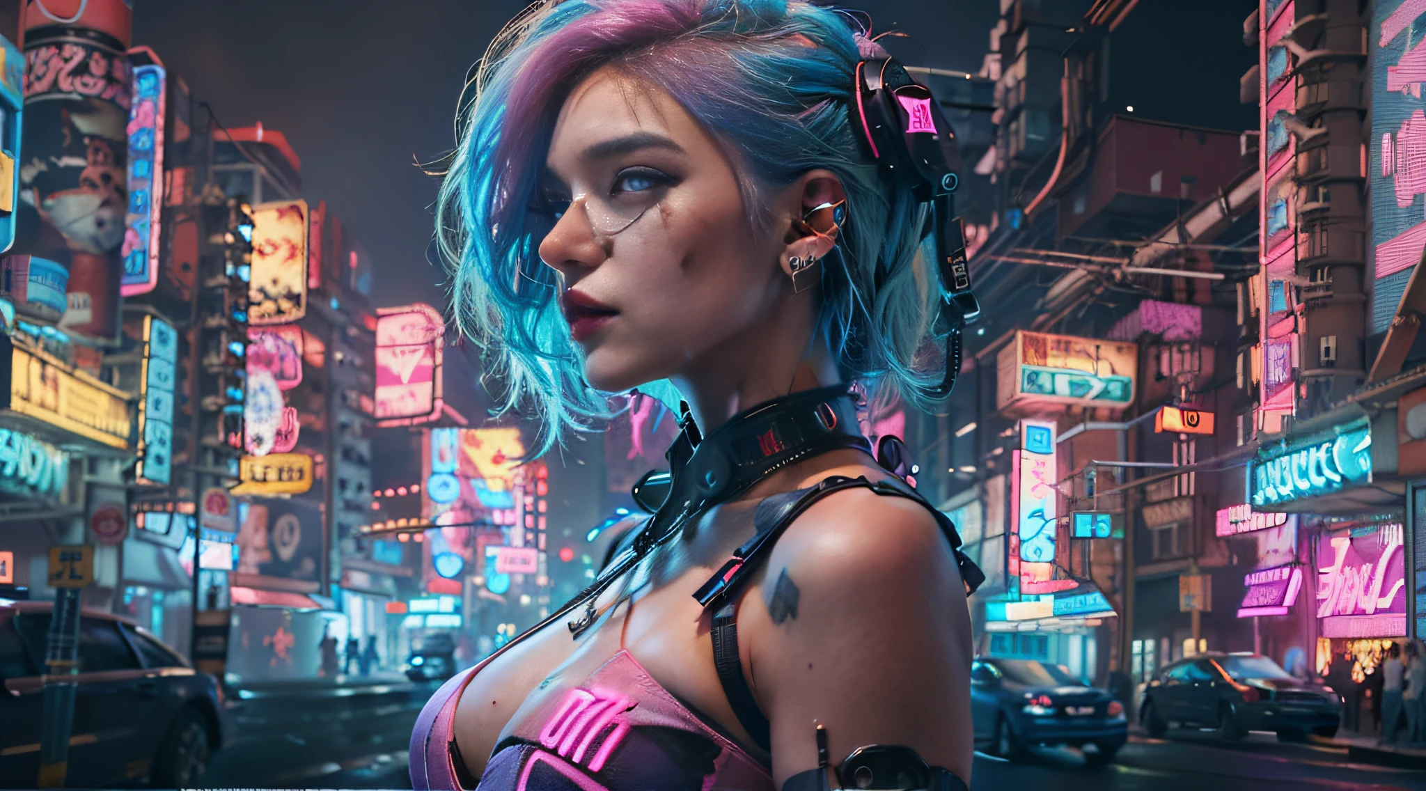 (masutepiece, of the highest quality, Best Quality, Official art, Beautiful and aesthetic:1.2),(1girl in:1.4),Full body,([Pink|Blue] hair:1.5),ighly detailed,(Fractal Art:1.3),(Colorful:1.5),highest details,(Mechanical modification:1.3),(corrected:1.2),Maiden,(A complex mechanical conduit is inserted into the back:1.5),catheter,(Neon background:1.4),(Neon City:1.75),Night,Large breasts,(Gothic_ta:1.2),high-heels,(:0.75),makeup,blush,(Cyberpunk:1.4),((Looking at Viewer:1.3)),((Looking back)),Sofia Boutella, brunette, sun burn, Colossal tits, Nikon D850 Film Stock Photography 4 Kodak Portra 400 Camera F1.6 lens rich colors hyper realistic lifelike texture dramatic lighting unrealengine trending on artstation cinestill 800,