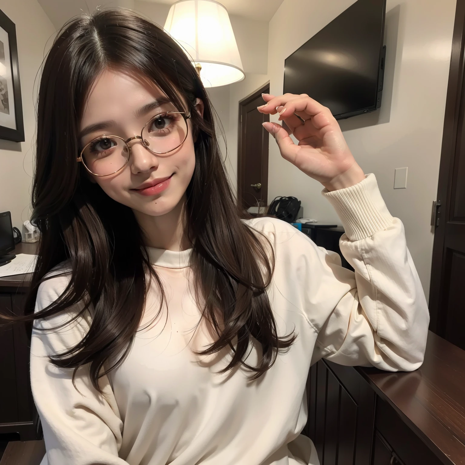 8k, ultra high definition, masterpiece, cute girl, long hair, smiling, brown hair, brown eyes, light skin, eyeglasses, kawaii