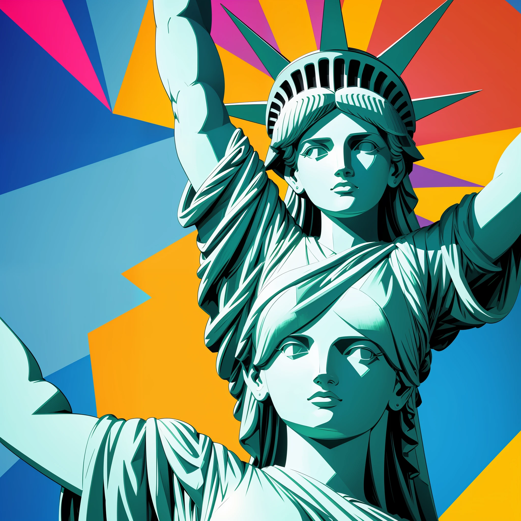 Draw a stylized version of the Statue of Liberty, using geometric lines and vibrant colors.
