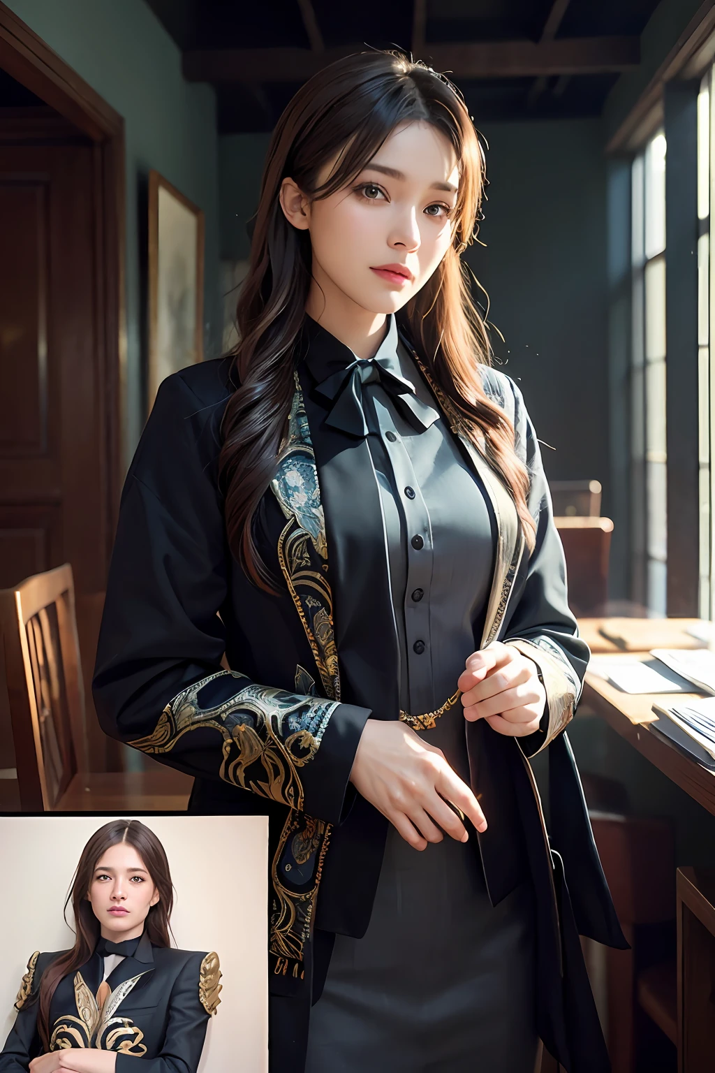 (Front focus)、(dark: 1.6)、Hyperrealist female portrait by David Hockney and Alphonse Mucha、Fantasy Art、photoRealstic、Dynamic Lighting、art stations、poster for、Volume Lighting、extra detailed face、4 K、Award-winning、 、女の子1人、cruising、lowkey、cowboy shot、(formal outfit:1.4)、Long、20age