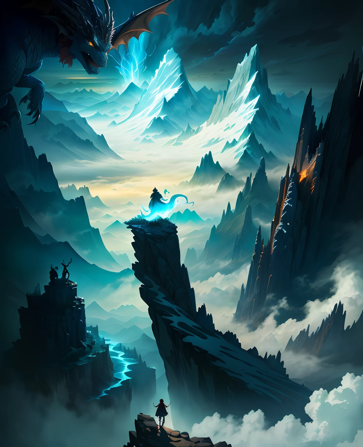 A boy in period costume stands on a mountain peak，Dragon detective on the mountain,Dragon soul possessed， Surrounded by a vast sea of clouds, magical concept art, cinematic fantasy painting，The ghosts around are crying，
