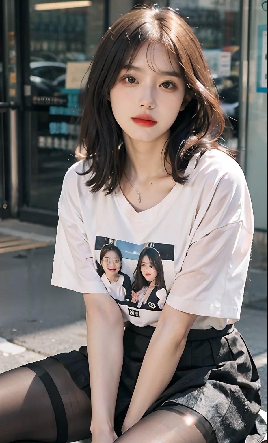 ulzang-6500-v1.1,(RAW photo:1.2), (Photorealistic:1.4), Beautiful Meticulous Girl, very detailed eyes and faces, Beautiful detailed eyes, absurderes, unbelievable Ridiculous, hugefilesize, ultra - detailed, A high resolution, The is very detailed，best qualtiy，tmasterpiece，((T-shirt ))，illustratio，The is very detailed，CG，unified，8k 壁纸，Amazing Cleavage，finely detailled，tmasterpiece，best qualtiy，The is very detailed的 CG unified 8k 壁纸，light in face，cinmatic lighting, 1girll, 16 years old,long  white hair，lateral division，(wears glasses)，((dynamicposes))，(sexyposture)，，(A half body)，((Pantyhose))，((Black hip skirt))，((((Sit with your knees folded)))) full length dress ：1.1， Super detailed face， Detailed eyes， 二重まぶた， blur backgroun， Slim Faces，
