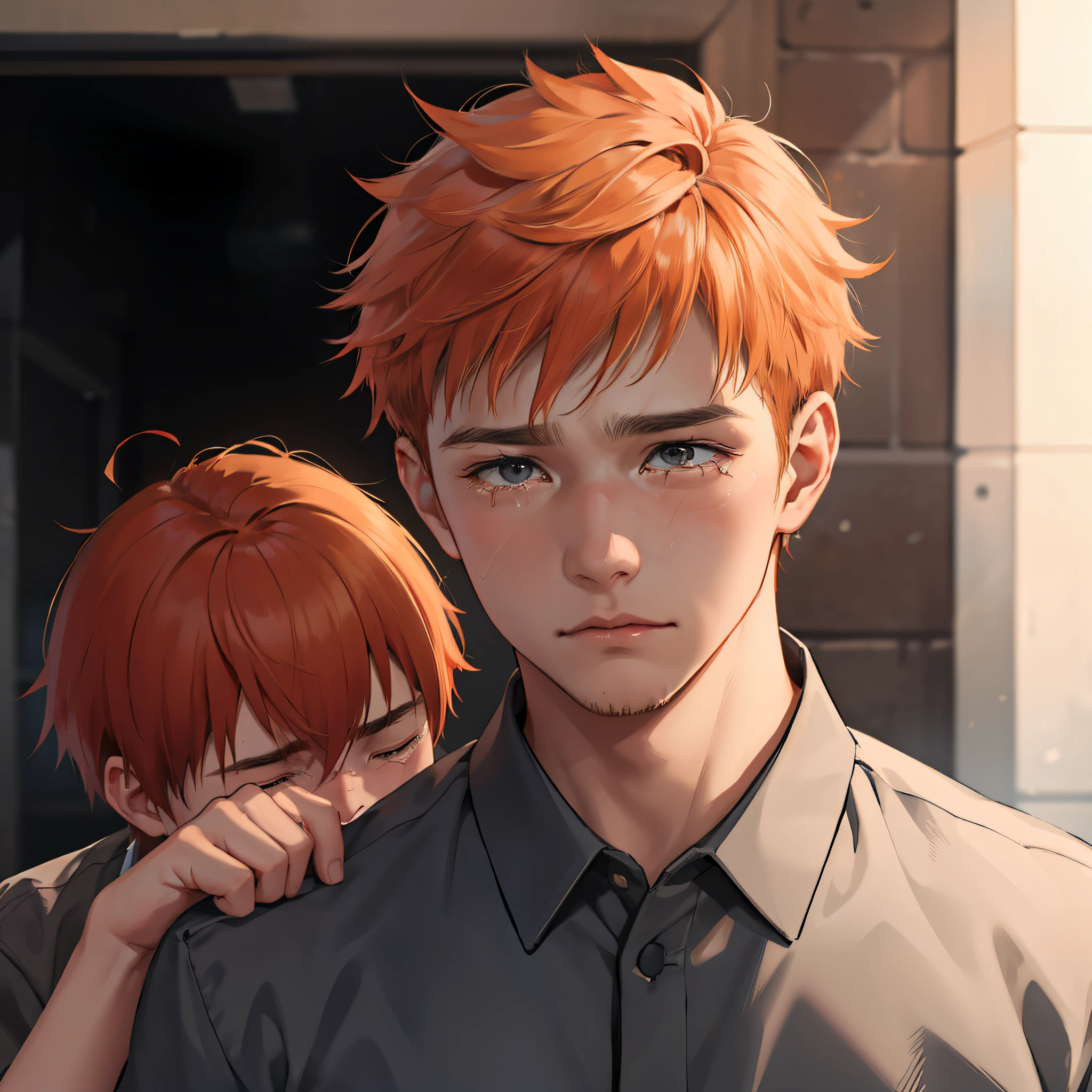 Orange-haired 15-year-old cries with sadness because his friend has died