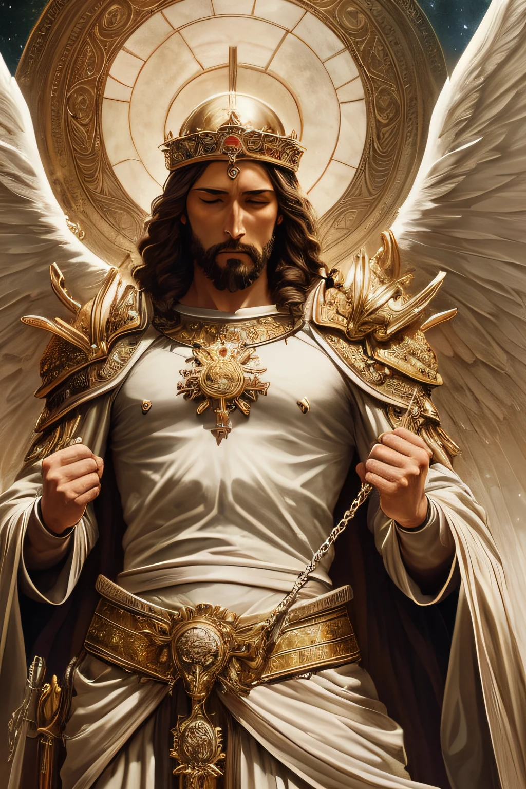 (Man in robes of glory descending amid the clouds, jesus christ, creator of the universe), (angels, armor, wings), artistic, superior lighting, hyper-detailed, hyper-realistic, 16K, masterpiece --auto --s2