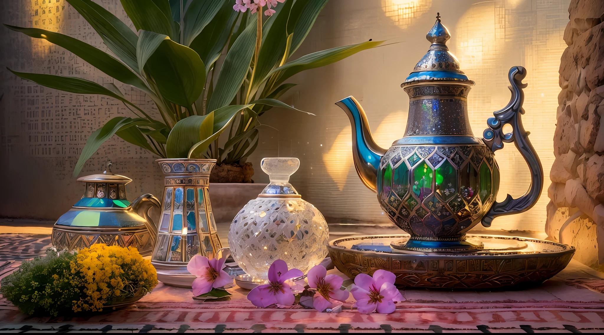 Crystal Moroccan teapot, Mint leaves, Moroccan glasses, rays of sunshine, primitive, ((Riad)), ((Riad rooftop)), Marrakech, Moroccan candlesticks, milkyW, Moroccan lights, (Photoluminescent water), Pedras preciosas, ((Blooming flowers)), Cinematic RAW photo, ultra real photo, Ultra photo realsisim, Digital SLR, Soft lighting, High quality, filmgrain, Fujifilm XT3, photographed on a Kodak Retina II Sanyo Xacti VPC-CA6, 50mm lens, wide angles, hdr, Hyper-realistic, colorgrading, voluminetric lighting, [volume fog, Moist], Shallow depth of field, pondering, Photo, (Sparkling), glimmering, (glitters), glimmering, Clear, Shimmering, mistic, Enchanting, glimmering, Morocco, Exotic, amazigh, Romantic, (Masterpiece) (Best quality) (Detailed) (hdr) (the wallpaper) (Cinematic lighting) (Sharp focus) (Intricate), Masterpiece, Best quality, 超高分辨率, 8K  UHD